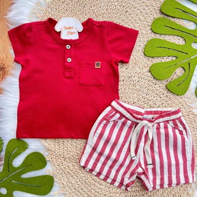 Conj. Camiseta Gola Careca e Bermuda Listrada em Sarja - Vermelho